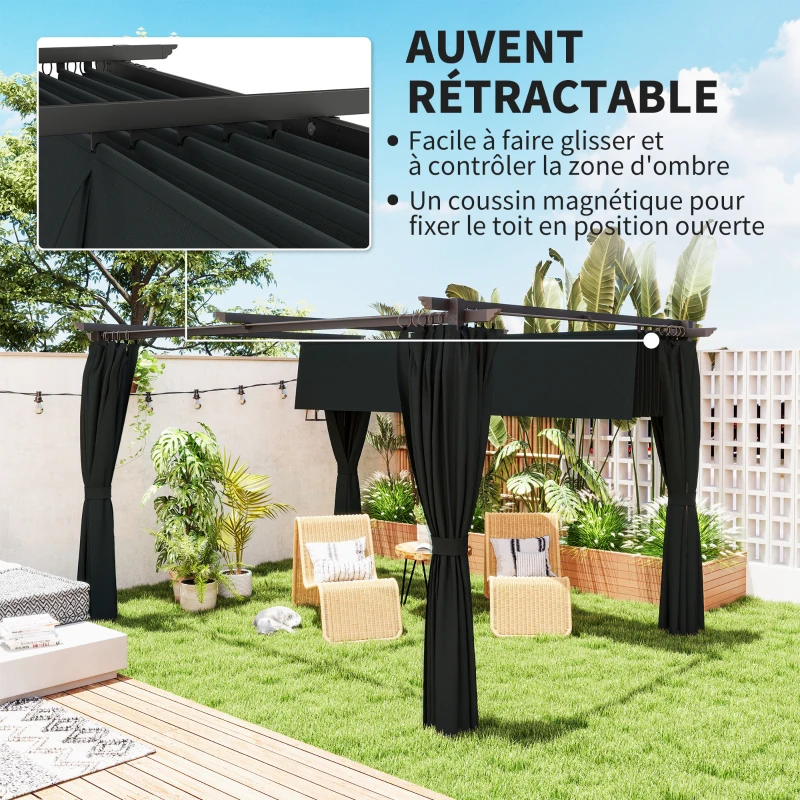 Outsunny Pergola rétractable 4x3m Pergola Aluminium métal avec Rideau et Toit Coulissantepolyester 180g/m² gris foncé