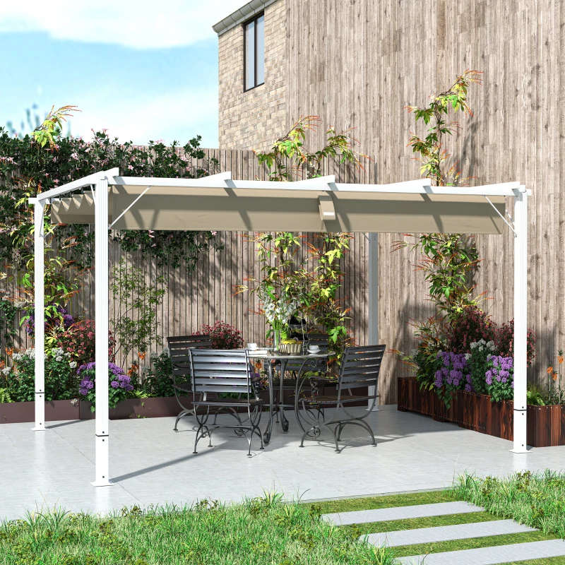 Outsunny Pergola jardim exterior em alumínio 3 x 4 m com teto retrátil, proteção solar UPF30+, para terraço, pátio, branco