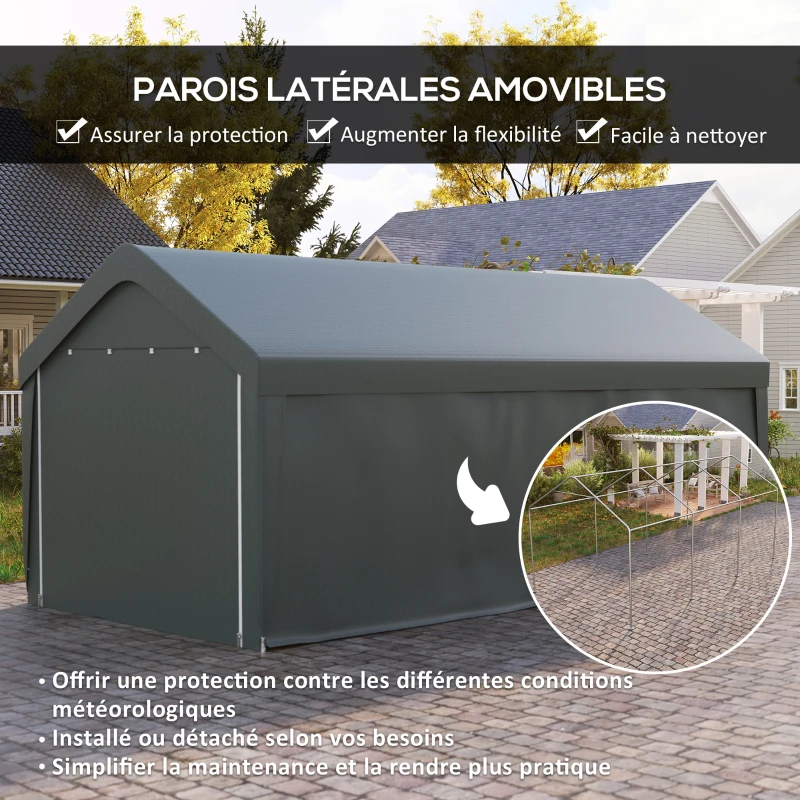 Outsunny Carport tente de garage 3 x 6 m, abri voiture extérieur, parois latérales amovibles, 2 portes zippées enroulables, gris