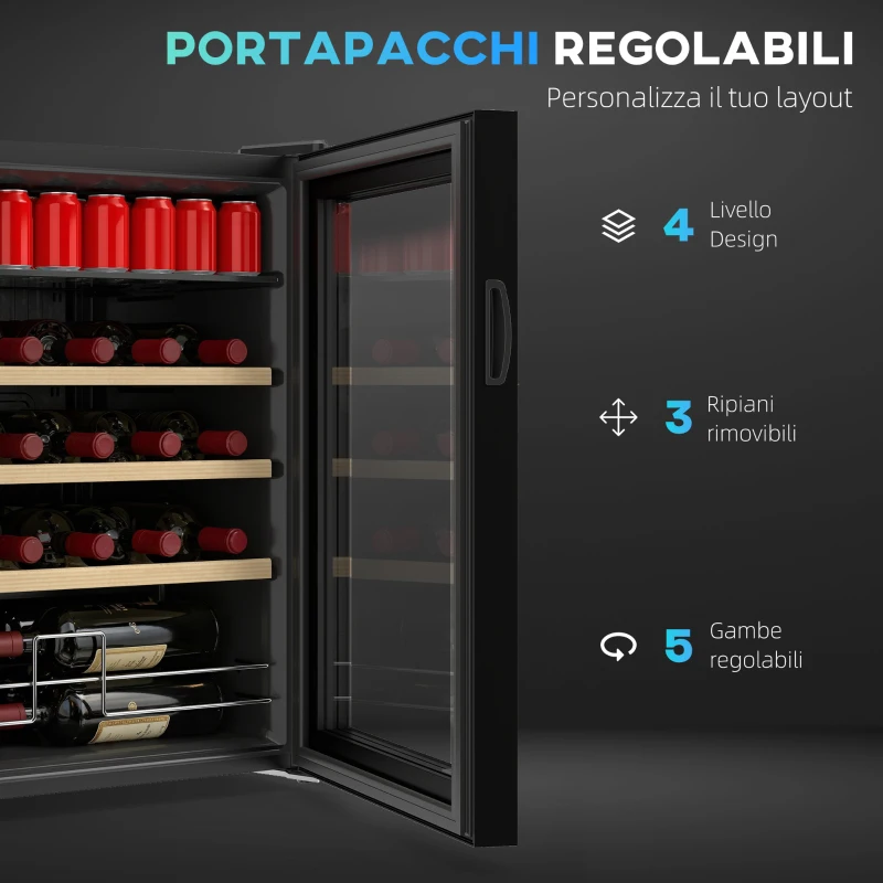 HOMCOM Cantinetta Frigo per Vino da 53L con Ripiani Regolabili per 12 Bottiglie e 25 Lattine, 43x45x64 cm, Nero