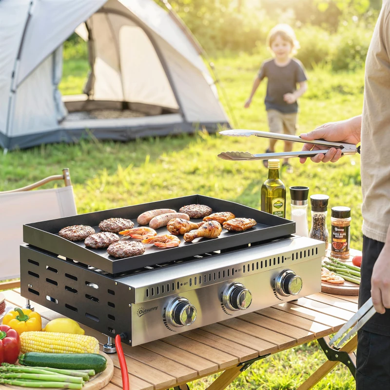 Outsunny Plancha gaz 9 kW 3 brûleurs en acier inoxydable, surface cuisson 56,5 x 33 cm, bac de récupération des graisses, noir
