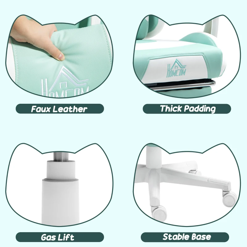 HOMCOM Fotel gamingowy z uszami kota, odchylana oparcie, wysuwany podnóżek, do 120 kg, błękit morski