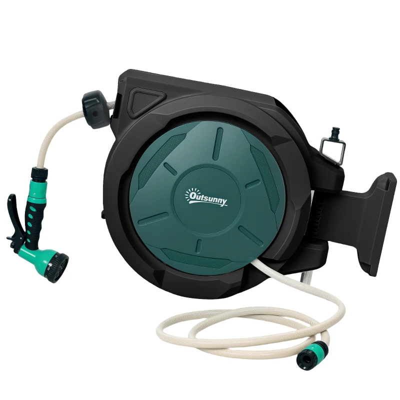 Outsunny Derulator Furtun Udare Montat pe Perete 30 m x Ø 15 mm Derulator Automat de Furtun Retractabil verde