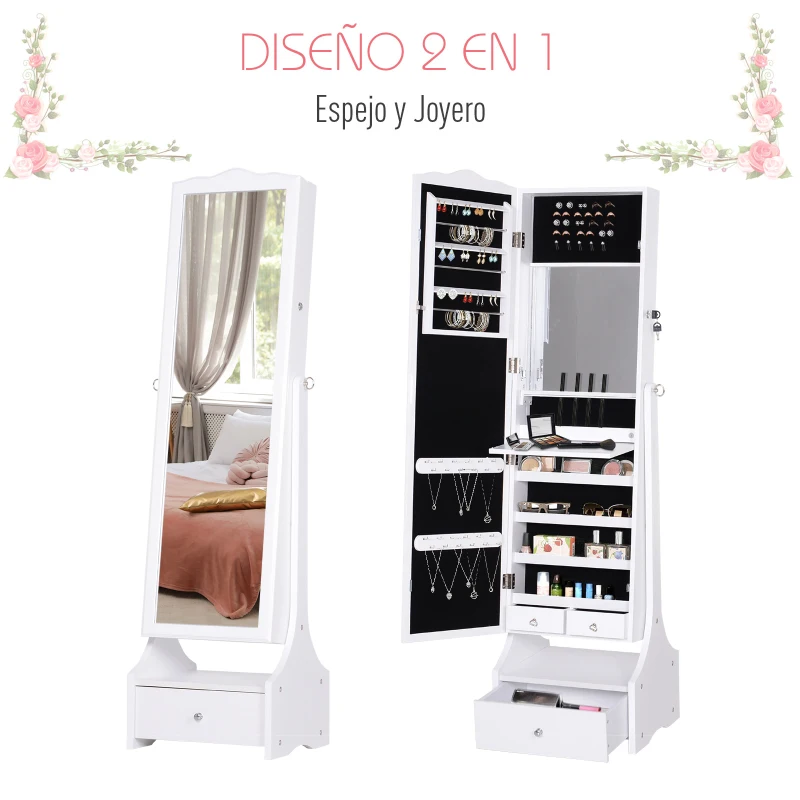 HOMCOM Espelho de joalheiro Armário de joias de pé com luzes LED Gavetas de bloqueio Espelho e dobradiça interior para comédicos 45x36x150cm