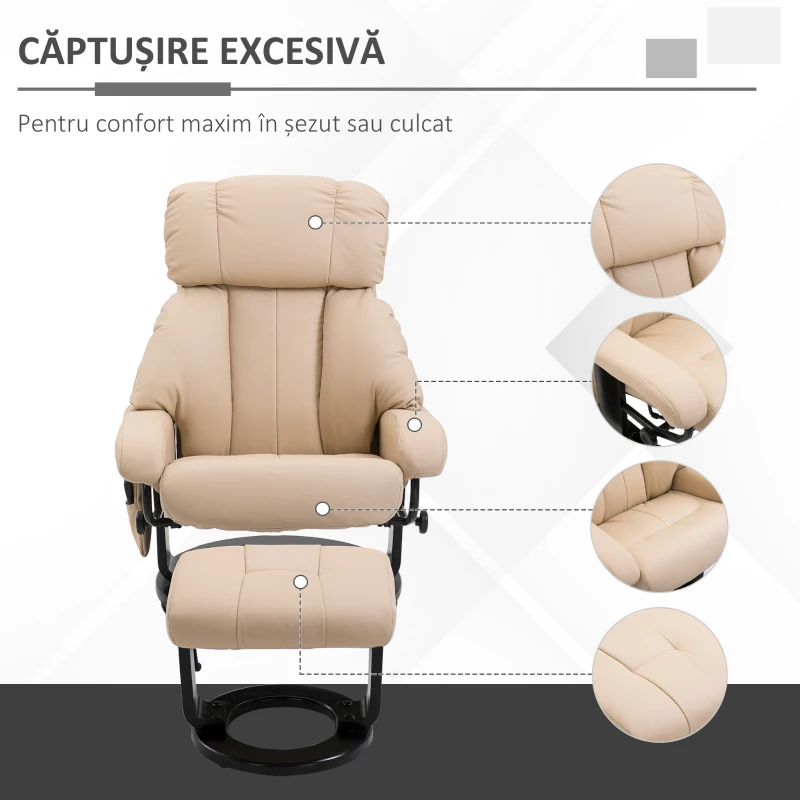 HOMCOM Fotoliu Relax Reclinabil și de Masaj cu Suport pentru Picioare și Telecomandă, 76x80x102 cm Crem