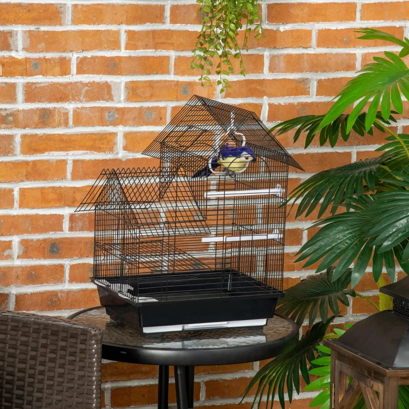 PawHut Cage à oiseaux design maison mangeoires perchoirs balançoire 2 portes plateau excrément amovible + poignée transport métal noir