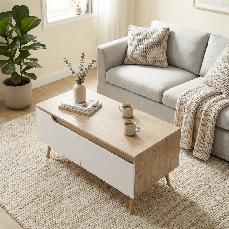 HOMCOM Table basse rectangulaire, table de salon moderne avec 2 tiroirs, 5 pieds en bois de pin, 100x50x46cm, chêne et blanc