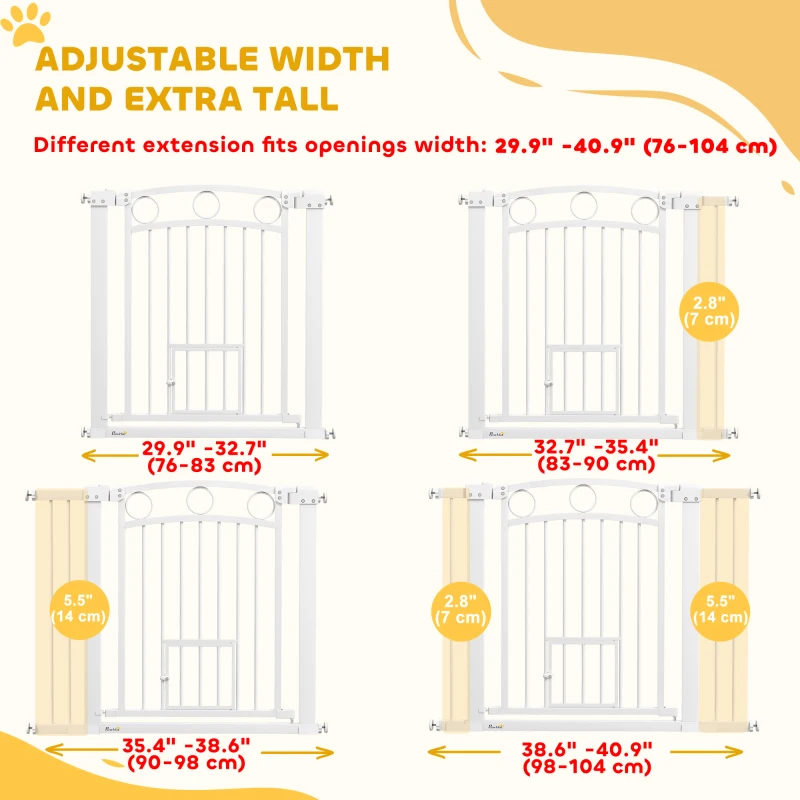 PawHut 77cm Tall Dog Gate with Cat Door, 7cm and 14cm Extensions, for Stairs & Doorways, 76-104cm Width
