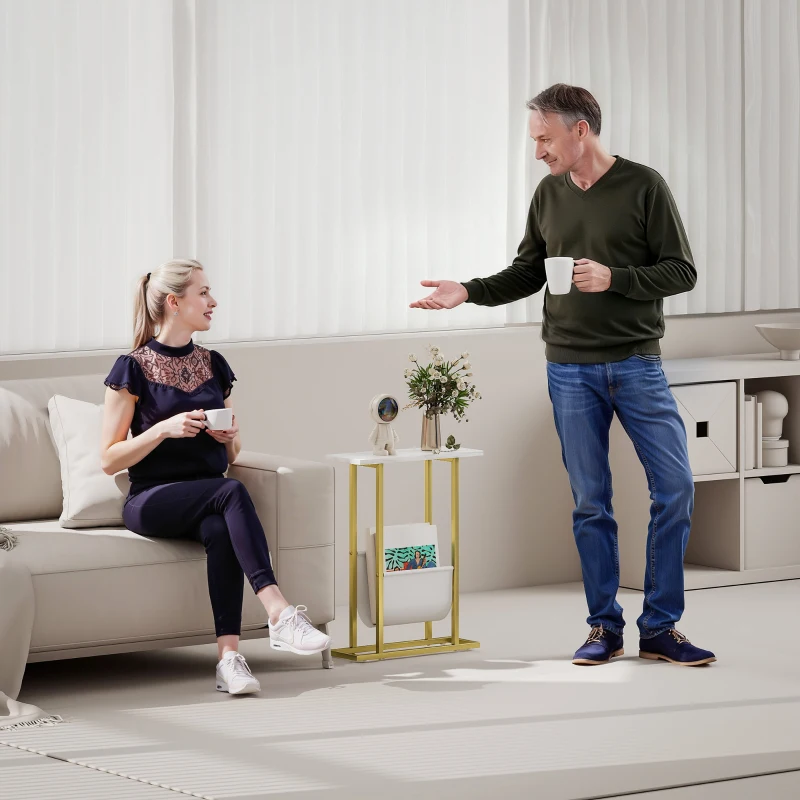 HOMCOM Narrow Side Table, End Table with Magazine Holder, Nightstand for Small Spaces, Living Room, Bedroom, White Marble Grain