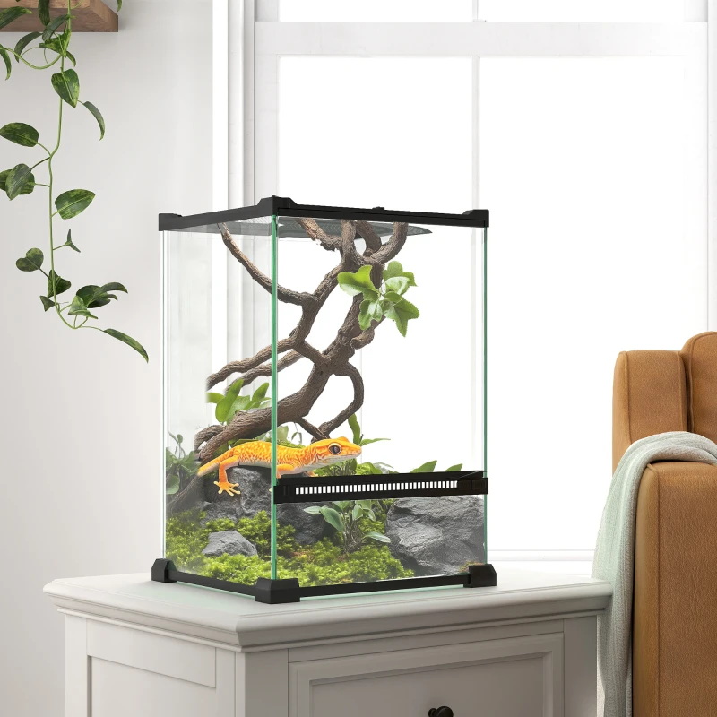 PawHut Terariu din sticlă pentru reptile vivariu 12 L cu capac din plasă metalică, 20 x 20 x 30 cm, negru