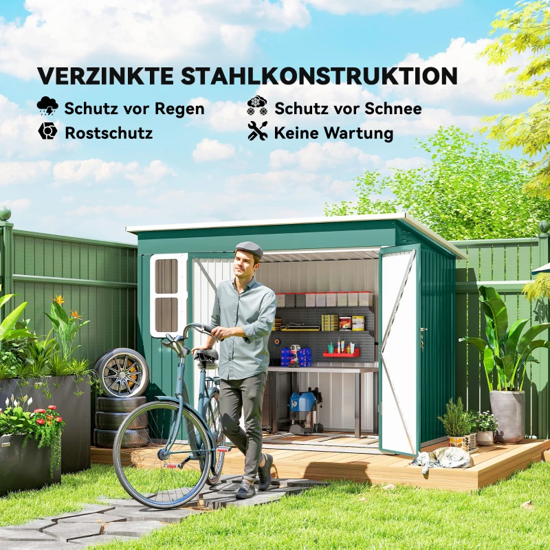 Outsunny Metallschuppen zur Aufbewahrung von Gartengeräten, mit Fenster, breite Tür, 260 x 177 x 190 cm, Grün