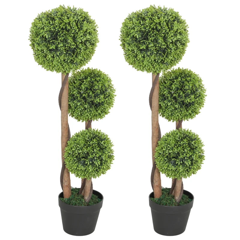 HOMCOM Decorative Artificial Trees Boxwood Ball Topiary Trees Set of 2 in Pot, Fake Plants for Home Indoor Outdoor Decor