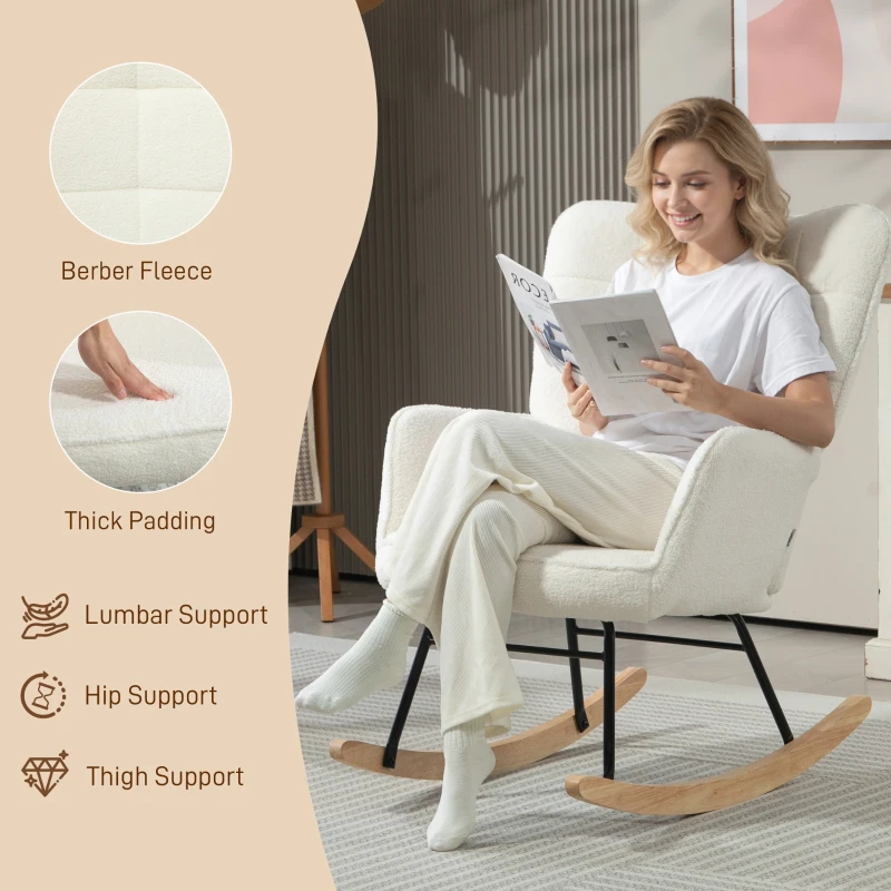 HOMCOM Fotel bujany z imitacją futra jagnięcego, fotel z podłokietnikami, wyściełany fotel z wysokim oparciem, drewniane płozy, nowoczesny fotel relaksacyjny do salonu i sypialni, udźwig do 120 kg, biały