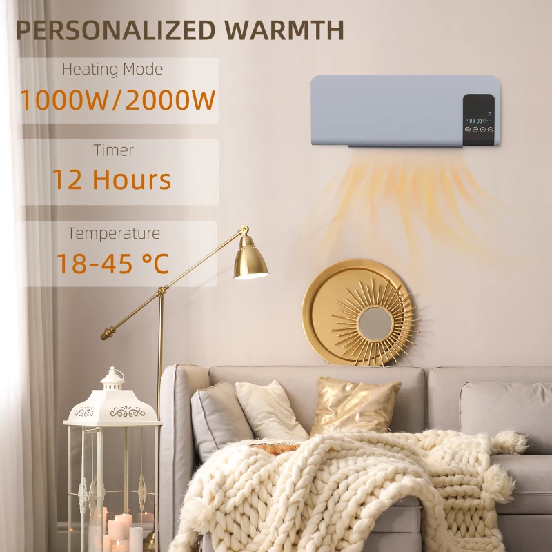 HOMCOM Ventilator Termic de Perete Oscilant cu Telecomandă, Temporizator 12h și 2 Moduri, 54.5x12x21.5 cm, Gri
