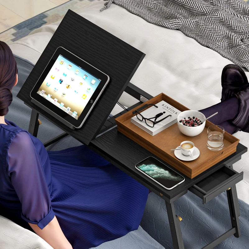 HOMCOM Masă de pat pliabilă și reglabilă, blat de pat pentru laptop din bambus blat înclinat 83,5x33x34cm negru