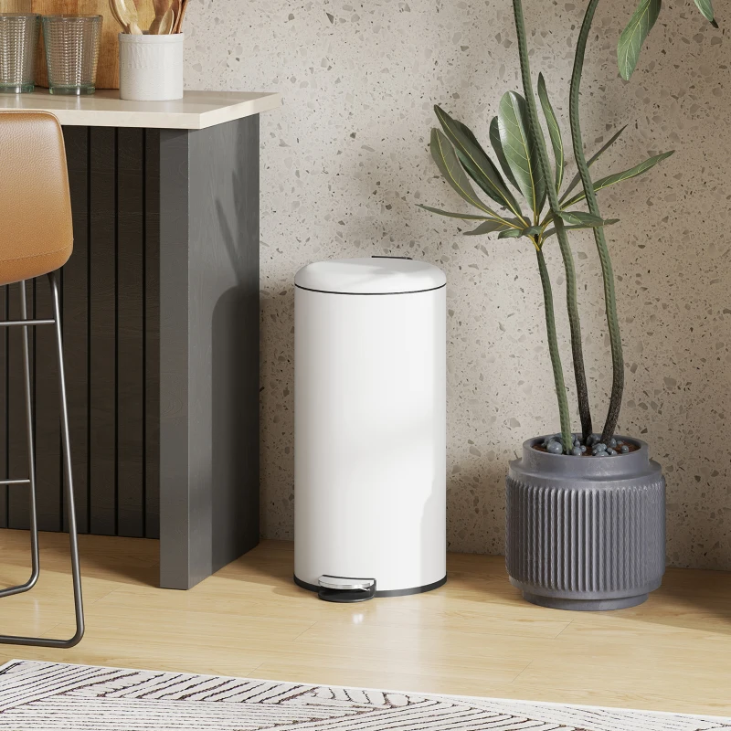 HOMCOM Coș de Gunoi cu Pedală 30L, cu Capac cu Închidere Lentă, din Metal și PP, 36x30x63.5 cm, Alb Crem