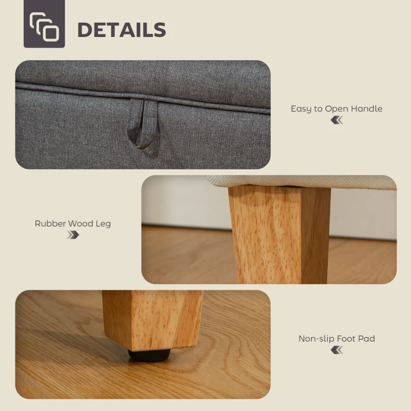 HOMCOM 16L Linen Storage Ottoman Padded Footstool with Rubberwood Legs for Storage Box, Bed End, Shoe Bench, Seating, Charcoal Grey