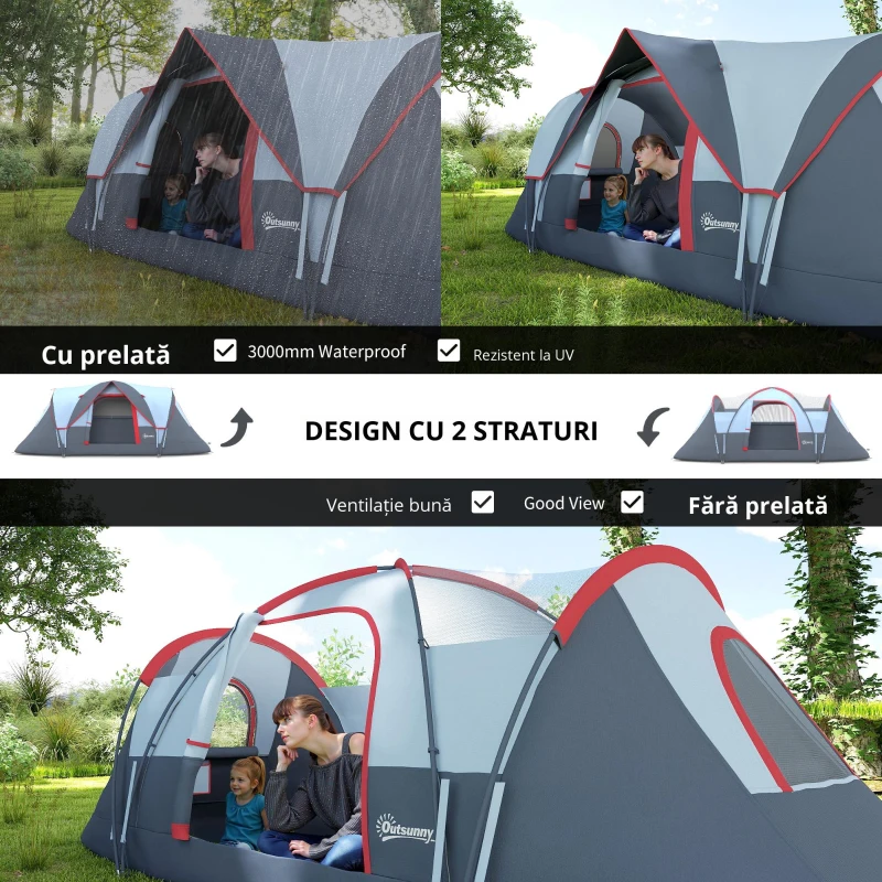 Outsunny Cort de Camping pentru 4 Persoane Impermeabil cu Ferestre și Stâlpi din Fibră de Sticlă, 4.55x2.3x1.8 m, Gri