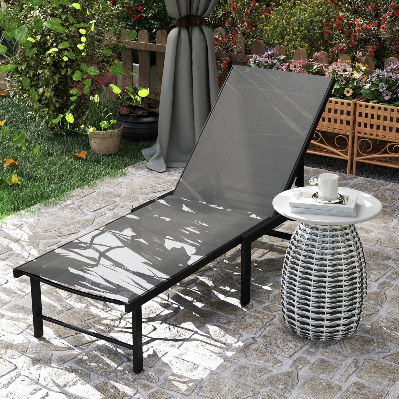 Outsunny Chaise longue jardin extérieur chaise longue inclinable 5 positions réglables assise en textilène gris