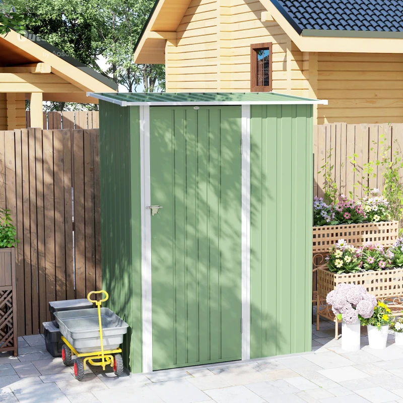 Outsunny Capanno Porta Attrezzi in Metallo con Tetto Inclinato e Porta Bloccabile, 142x86x189 cm, Verde Chiaro