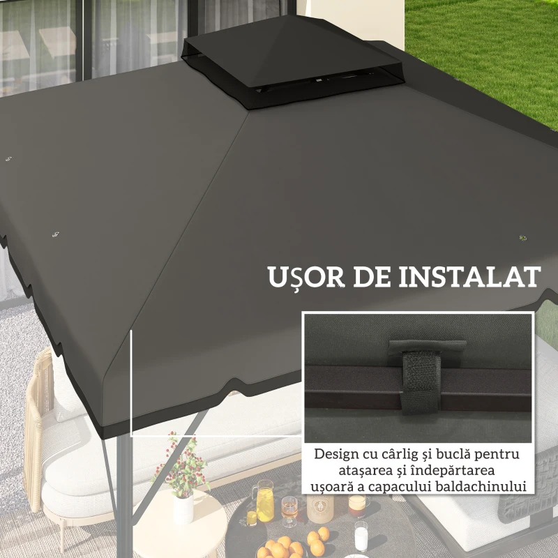 Outsunny Acoperiș de Rezervă pentru Pavilion 3x3 m de Grădină, Husă pentru Pavilion cu Două Nivele Rezistentă la Apă din Țesătură 180g/㎡ Anti-UV 30+ cu 8 Orificii de Drenaj, Gri