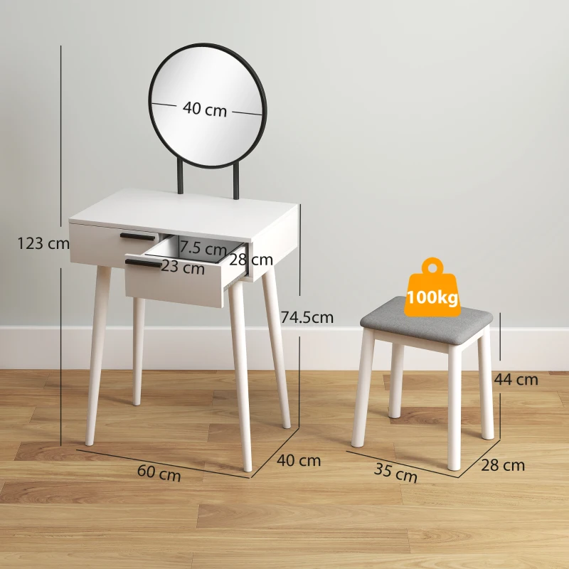 HOMCOM Modern Dressing Table with Round Mirror and Stool, Makeup Vanity Table with 2 Drawers for Bedroom, Living Room, 60 x 40 x 123 cm, White