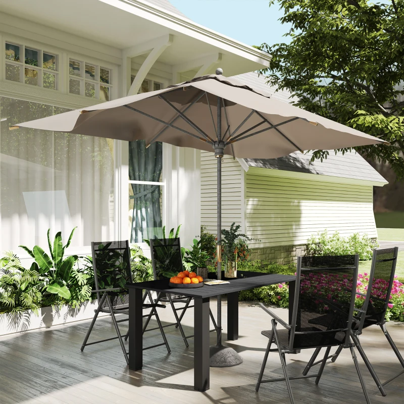 Outsunny Mesa de jardim para 4 a 6 pessoas, mesa de jantar exterior com furo para guarda-sol tampo em ripas 150 x 90 x 73 cm preto