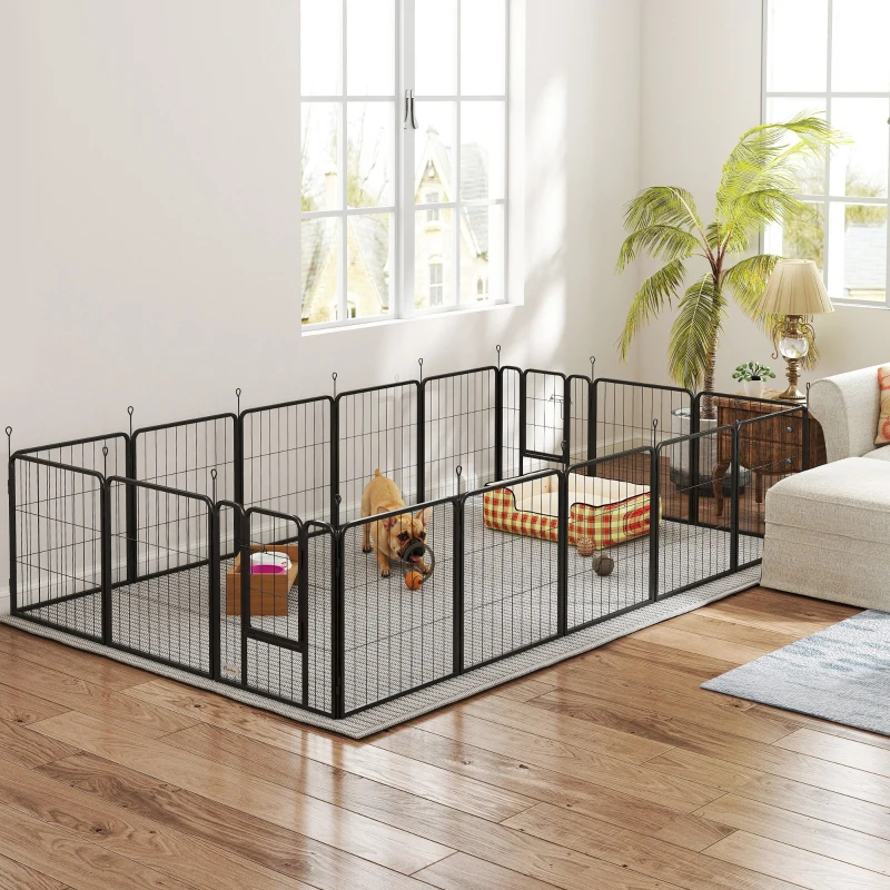 PawHut Parc pentru câini, parc pentru animale, 16 panouri, gard portabil pliabil, securizat, negru