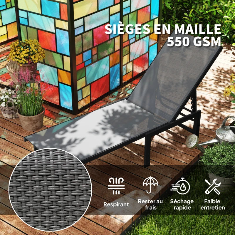 Outsunny Chaise longue jardin extérieur chaise longue inclinable 5 positions réglables assise en textilène gris