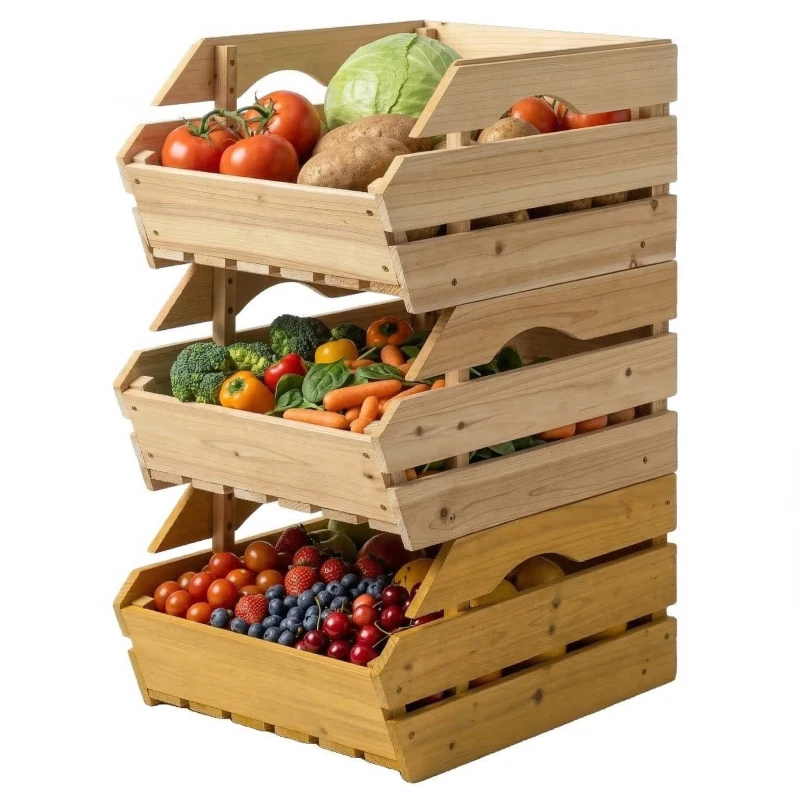 Outsunny 3-stufiger, abnehmbarer Obstkorbständer aus Fichtenholz für Obst und Gemüse, 37,5x27x60cm, Natur