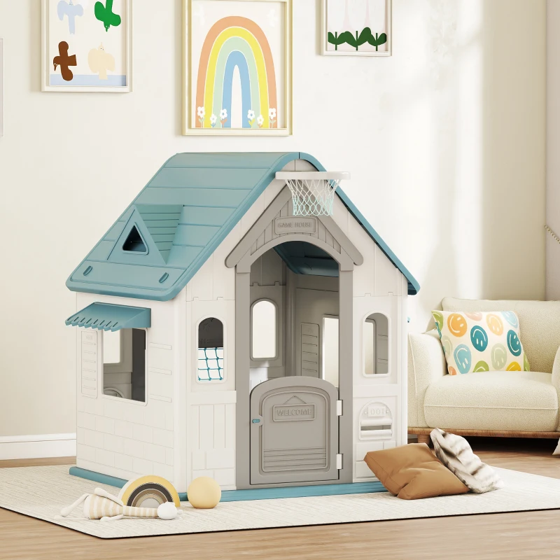 AIYAPLAY Cabane enfant extérieur 5 en 1, maison enfant extérieure avec panier de basket, ballon de football, 132x118x124cm, beige