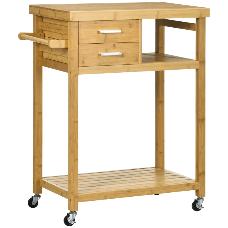 HOMCOM Desserte de cuisine à roulettes chariot de service meuble de rangement pour cuisine en bambou 2 tiroirs 83 x 45 x 96 cm