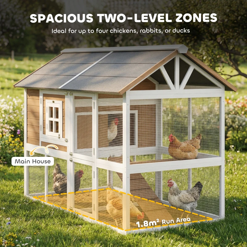 PawHut Kurnik z wybiegiem, gniazdem lęgowym, wysuwaną tacą i wodoodpornym dachem, dla 4 kur, 200 x 104 x 145 cm, drewno, brązowy