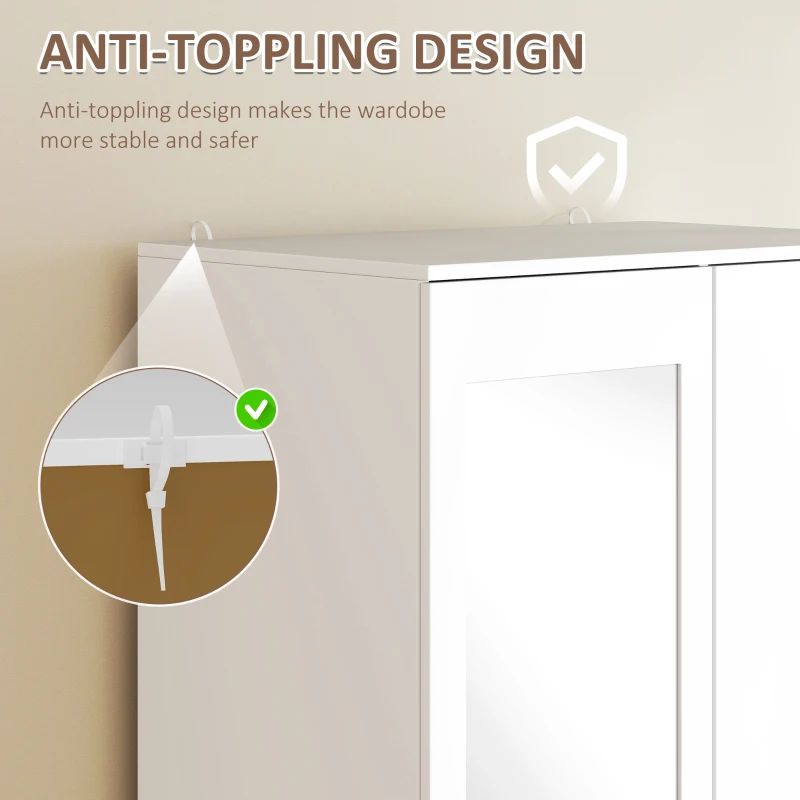 HOMCOM 2 Door 3 Drawer Mirrored Wardrobe with Hanging Rail, Modern Clothes Storage Cupboard with Mirror, Drawers and Adjustable Shelves for Bedroom, 80 x 50 x 180 cm, White