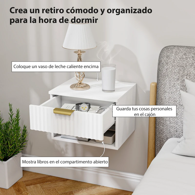 HOMCOM Juego de 2 Mesitas de Noche Flotantes con Cajón con Frente Acanalado y Estante Abierto 40x34x29 cm Blanco