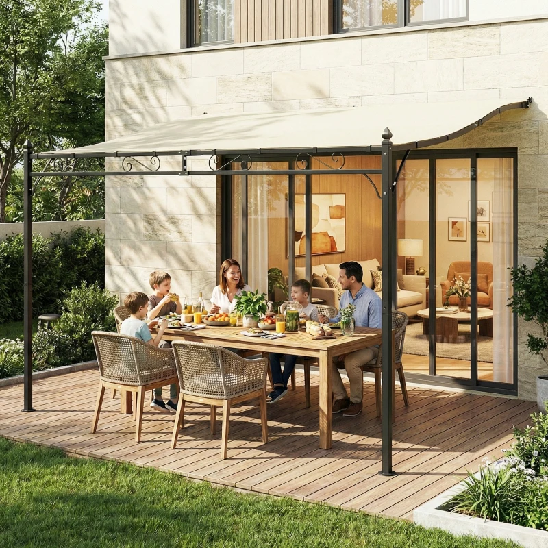 Outsunny Pérgola de Pared 2,5x3,5 m con Techo Inclinado Orificios de Drenaje y Estructura Metálica Blanco Crema