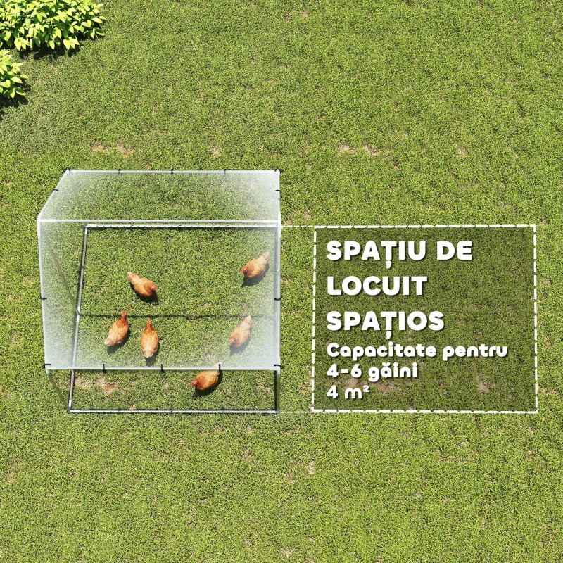 PawHut Coteț pentru Găini de Exterior, 2x2x2m 4 m² Țarc pentru Găini din Oțel Galvanizat cu Acoperiș Impermeabil Anti-UV și Încuietoare, Adăpost pentru 4-6 Găini, Animale Mici, Iepuri și Rațe