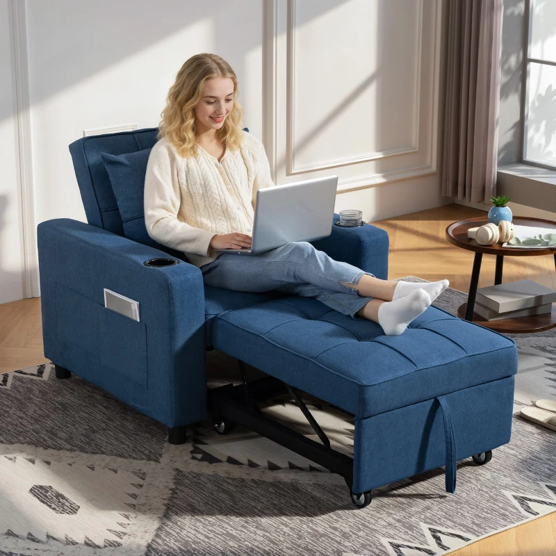 HOMCOM 3-in-1 Single Sofa Bed, Convertible Sleeper Chair Bed with 3-level Adjustable Back - Dark Blue