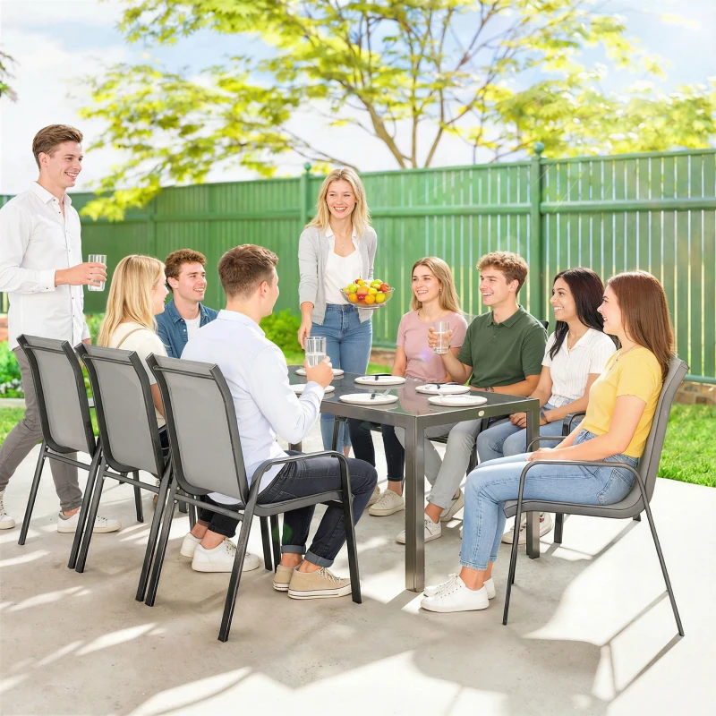 Outsunny Set de Masă de Grădină 9 Piese, Masă și Scaune pentru 8 Persoane, Set Exterior cu Blat din Sticlă Temperată, Gri