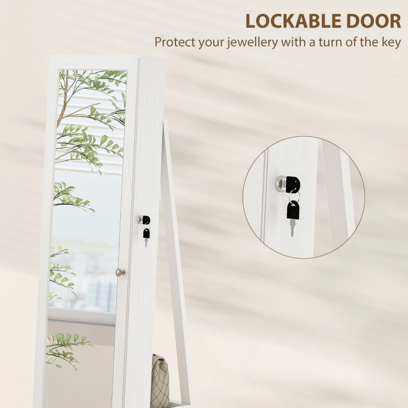 HOMCOM 360° Swivel Jewellery Cabinet, Free Standing Full Length Mirror with Storage, Lockable Jewellery Organiser with Built-in Makeup Mirror and Storage Shelves for Bedroom, White