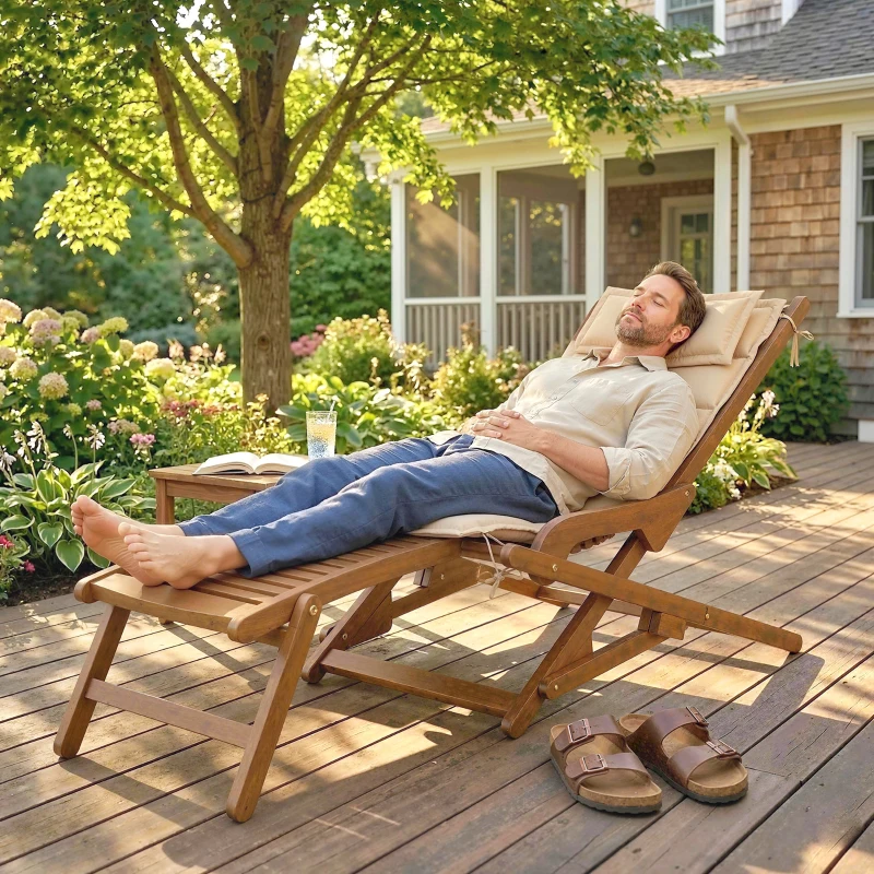 Outsunny Klappbare Holzliege mit abnehmbarem Fußteil und Kissen mit Nackenstütze Belastbarkeit 160 kg 158x61x70 cm Beige