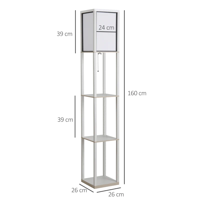 HOMCOM Lampă de Podea 40W cu 3 Rafturi și Comutator cu Pedală, din Lemn și PS, 26x26x160 cm, Albă