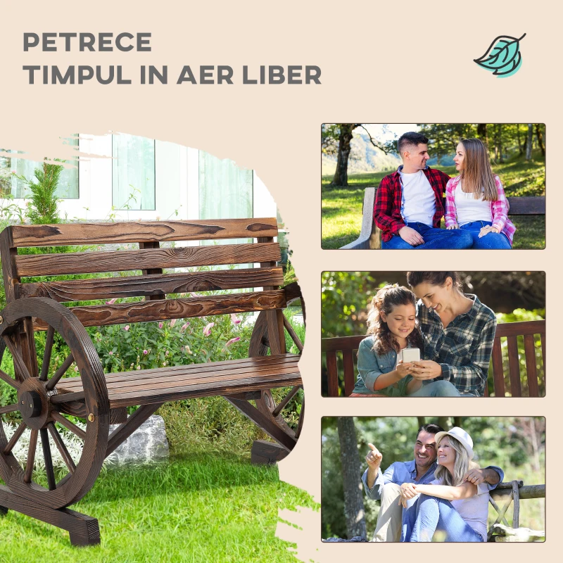 Outsunny Bancă de grădină cu 2 locuri, șipci din lemn, brațe în formă de roată de căruță, 105,5x56x79 cm, maro ars