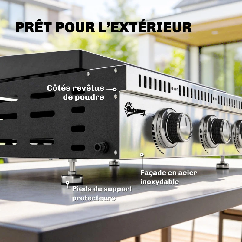 Outsunny Plancha gaz 9 kW 3 brûleurs en acier inoxydable, surface cuisson 56,5 x 33 cm, bac de récupération des graisses, noir