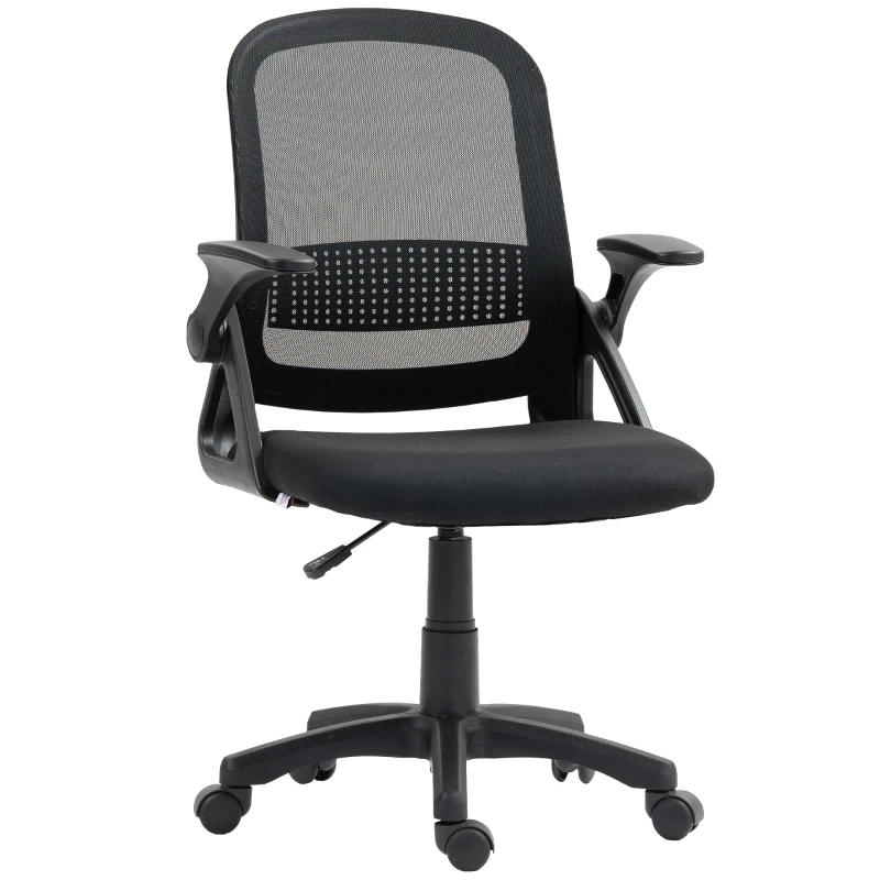 HOMCOM Fauteuil en maille respirante, fauteuil tournant ergonomique avec accoudoirs rabattables et soutien lombaire, Noir