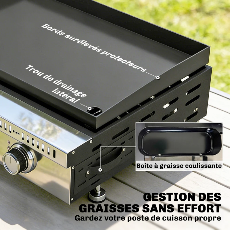 Outsunny Plancha gaz 9 kW 3 brûleurs en acier inoxydable, surface cuisson 56,5 x 33 cm, bac de récupération des graisses, noir