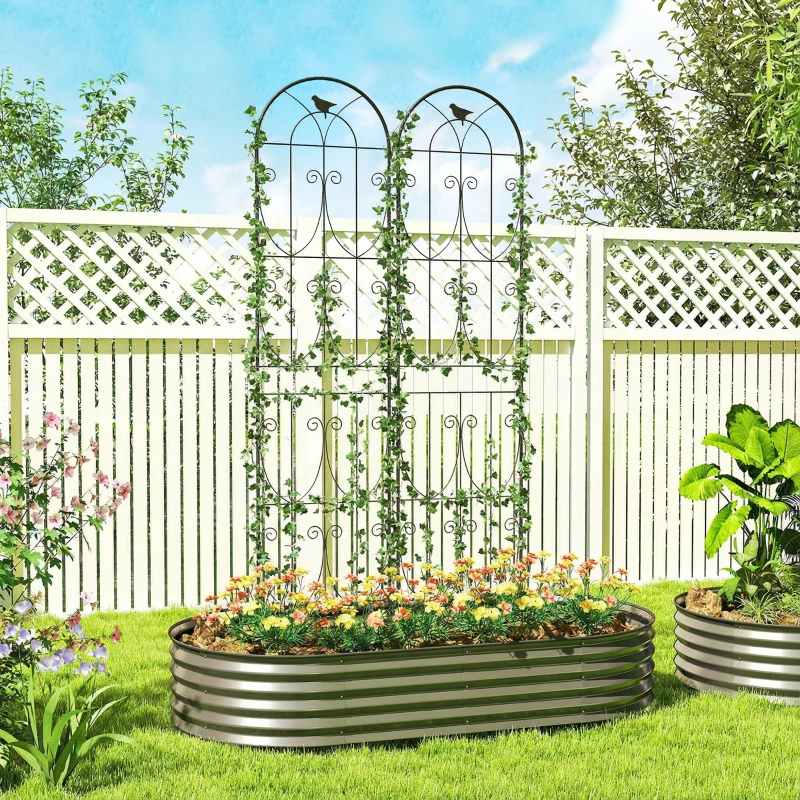 Outsunny Soporte para Plantas Trepadoras con Motivos de Aves, Pack de 2 Enrejados de Jardín para Verduras, Vides, Flores, Metal, 50 x 220 cm, Negro