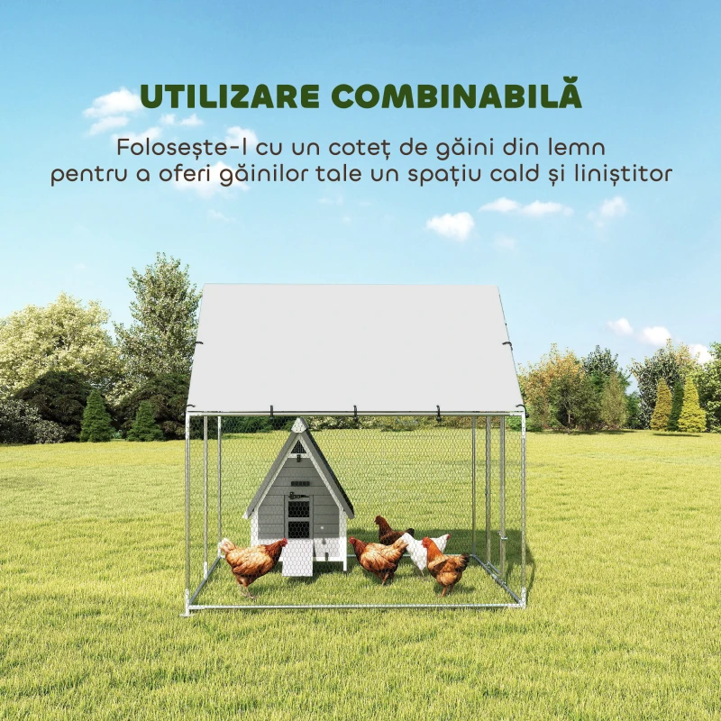 PawHut Coteț pentru Găini de Exterior, 2x2x2m 4 m² Țarc pentru Găini din Oțel Galvanizat cu Acoperiș Impermeabil Anti-UV și Încuietoare, Adăpost pentru 4-6 Găini, Animale Mici, Iepuri și Rațe
