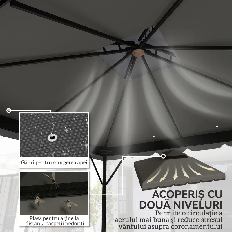 Outsunny Acoperiș de Rezervă pentru Pavilion 3x3 m de Grădină, Husă pentru Pavilion cu Două Nivele Rezistentă la Apă din Țesătură 180g/㎡ Anti-UV 30+ cu 8 Orificii de Drenaj, Gri