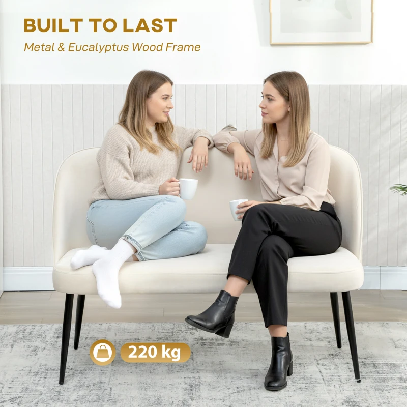 HOMCOM Sofa 2-osobowa, nowoczesna tapicerowana kanapa z ramą z metalu i drewna, obicie z aksamitnego materiału, Beżowa